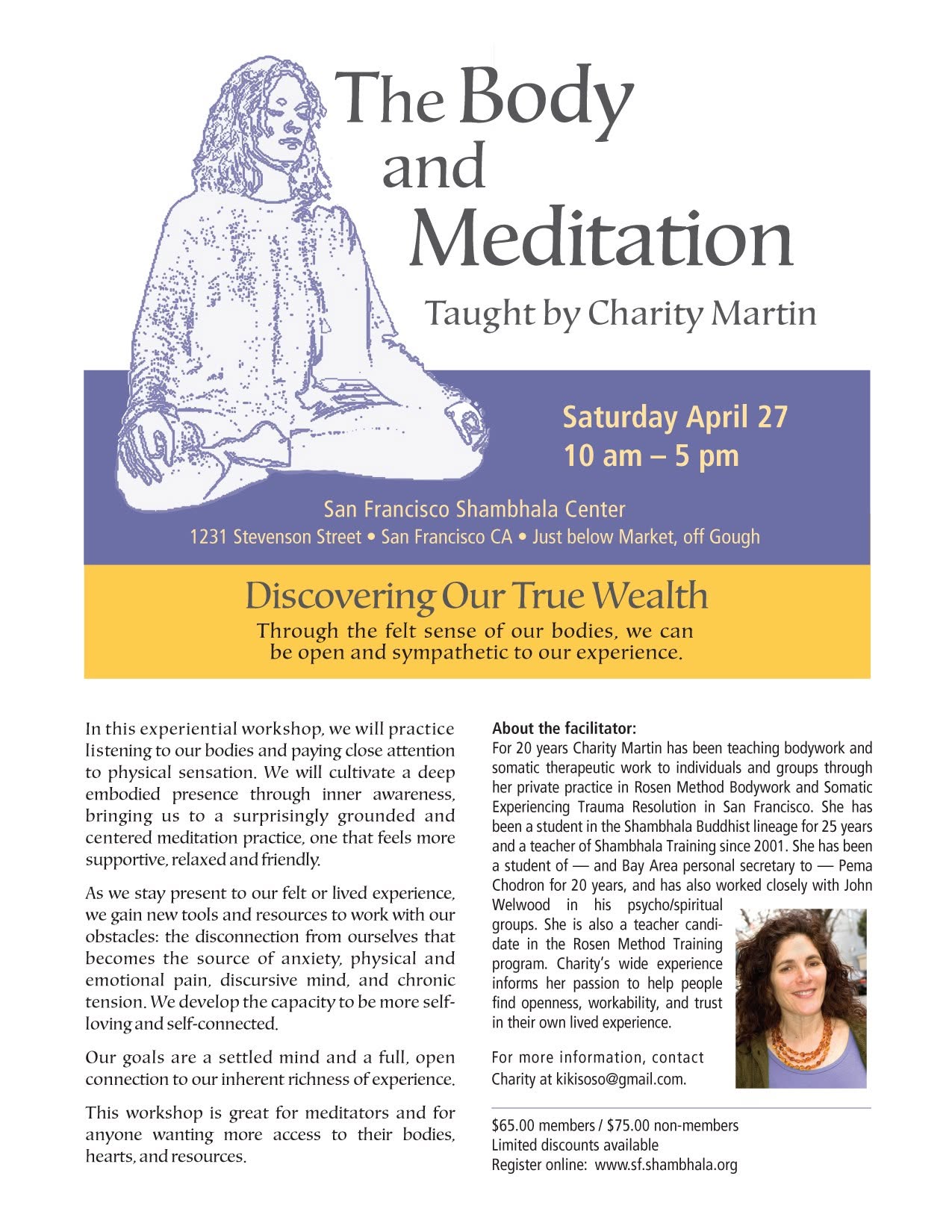 Workshop flyer: The Body and Meditation, taught by Charity Martin