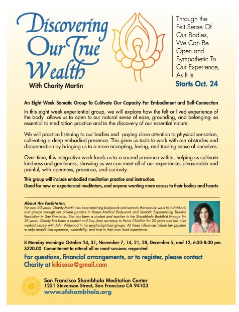 Workshop flyer: Discovering Our True Wealth, an eight-week somatic group